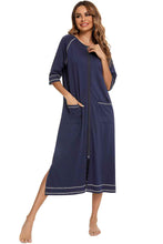 Load image into Gallery viewer, Zip Up Slit Round Neck Night Dress with Pockets
