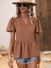 Load image into Gallery viewer, Ribbed Flutter Sleeve Notched Peplum Blouse
