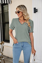 Load image into Gallery viewer, Eyelet Flounce Sleeve Scalloped V-Neck Top
