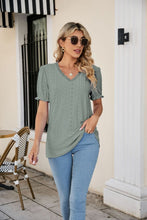 Load image into Gallery viewer, Eyelet Flounce Sleeve Scalloped V-Neck Top
