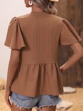 Load image into Gallery viewer, Ribbed Flutter Sleeve Notched Peplum Blouse
