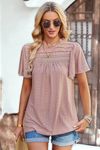 Load image into Gallery viewer, Frill Trim Round Neck Eyelet Puff Sleeve Blouse
